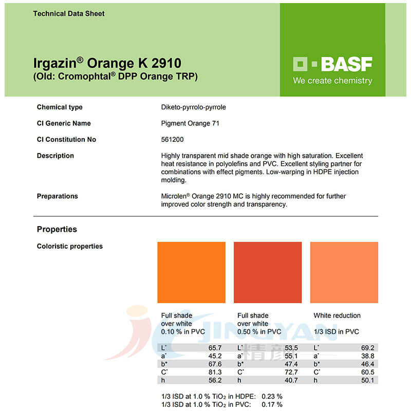 巴斯夫K2910高透明顏料橙BASF Irgazin Orange K2910/TRP有機(jī)顏料橙71